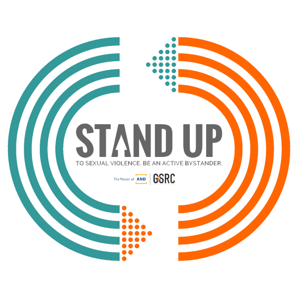 Stand Up to sexual assault logo (blue and orange lines bracketing the text).