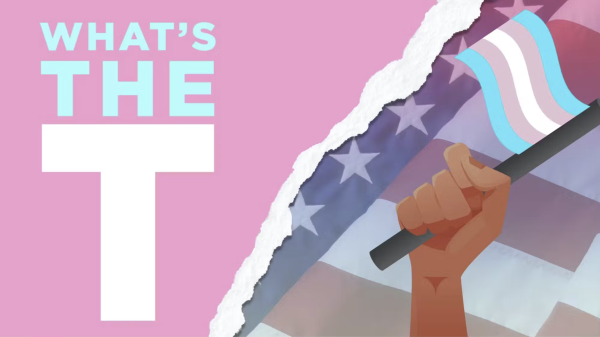 A hand raising the trans flag (pink, blue, and white). 