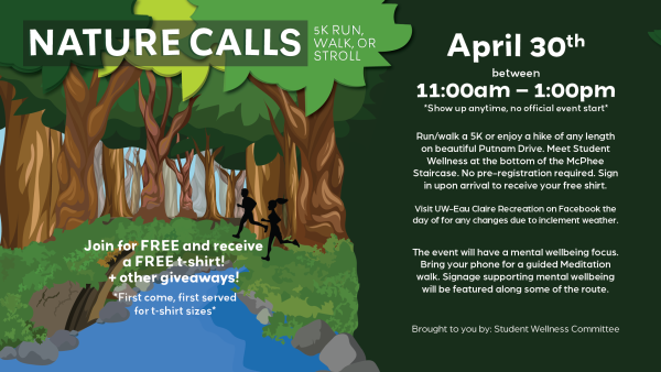 Graphic of forest, stream cutting through center, outline of male and female runners