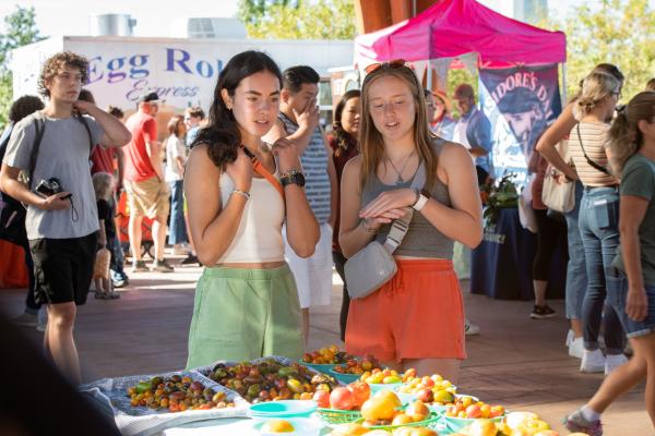 Students peruse vegetables at the local Farmers Market.