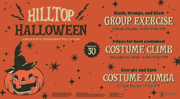Orange flyer with jack-o-lantern, with group exercise, costume climb, costume Zumba.