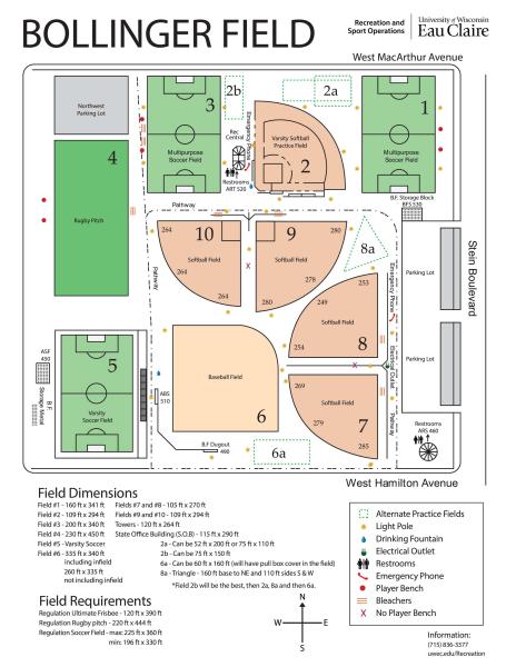 Map of fields at Bollinger Fields, with key dimensions of the fields. 