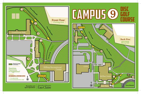 Map of the Campus 9-disc golf, upper campus map with arrow displaying the route to follow. 