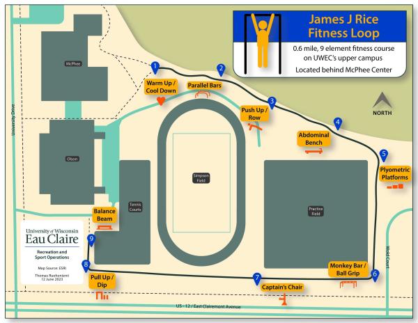 Map featuring McPhee and Simpson field, markers at each of fitness loop element.