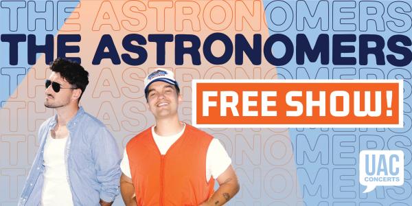 Two bandmates posing with the text "The Astronomers FREE Show" overhead.