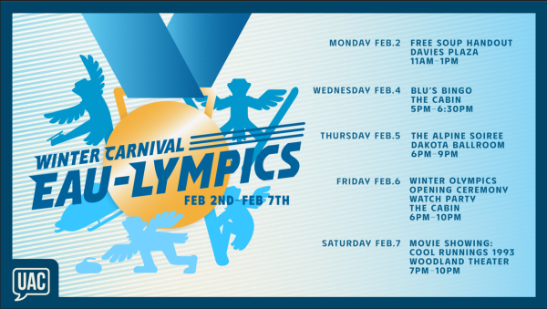 Winter Carnival Eau-lympics with Blu doing winter sports. The lineup of weekly events is listed on the right hand side.
