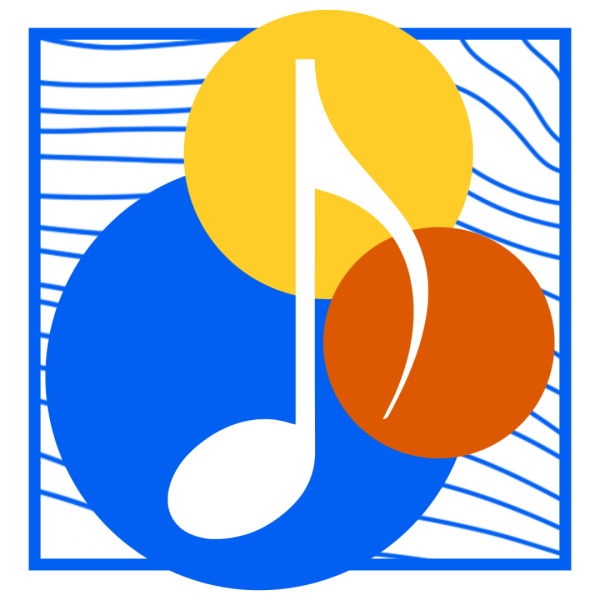 Clearwater Summer Music at UWEC logo with bright blue, orange and yellow colors underneath a white musical eighth note