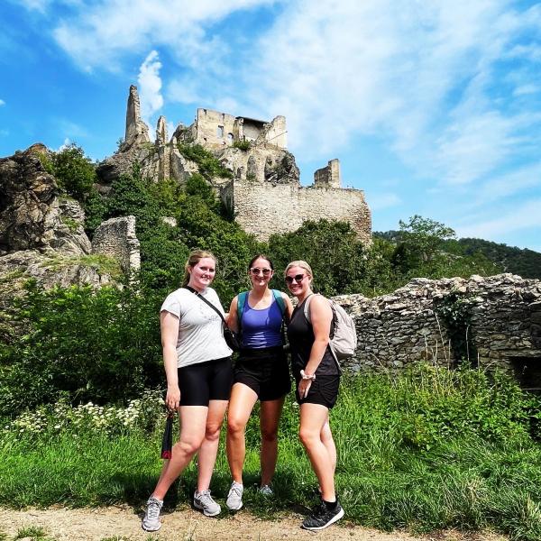 Blugolds (from left) Samantha Maurer, Bekah Henn and Alyssa Hanson biked in the Wachau Valley during a summer immersion program in Central Europe. They visited multiple countries, learning about the history and culture of the region.