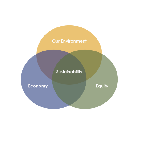 Venn Diagram showing the 3 pillars of sustainability: the environment, equity, and economy