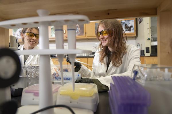 Two students using lab equipment, photo shot from under the shelving across the lab station, students