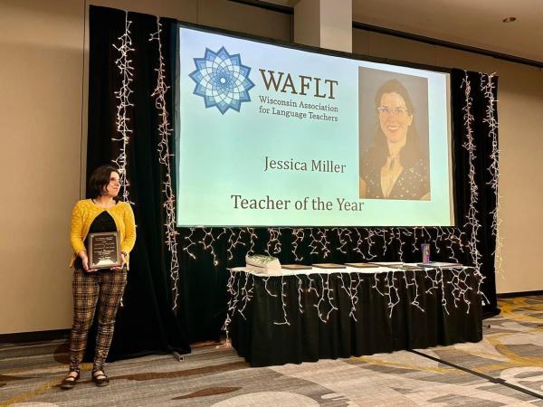 Jessica Miller accepting the Teacher of the Year award in Nov. 2023