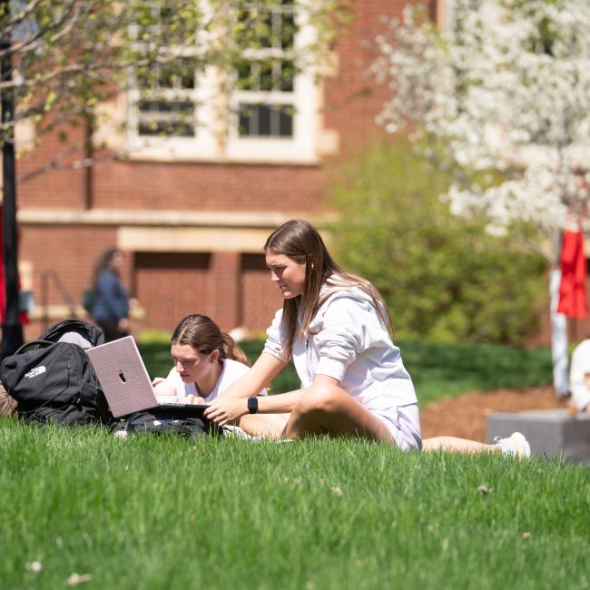 Students study on the campus mall among fresh blooms on a Spring day.