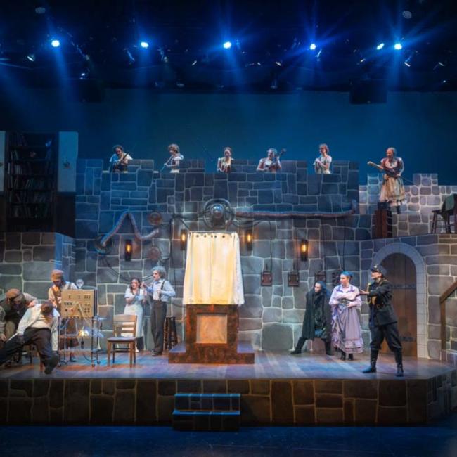 A large angle shot of the scene set up for the Young Frankenstein play.