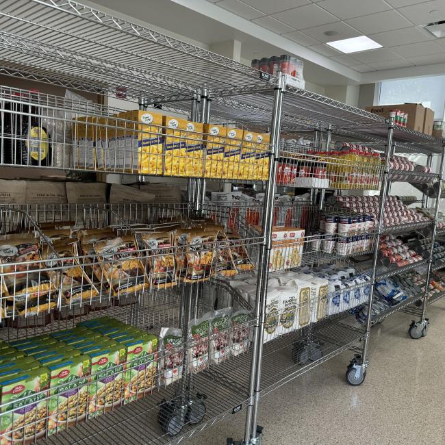 shelves of food at a food pantry