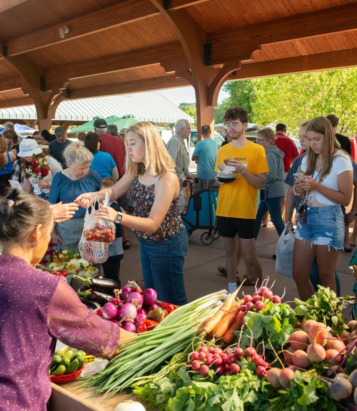 Woman purchasing a bag of strawberries from a stand selling multiple fruits and vegetables
