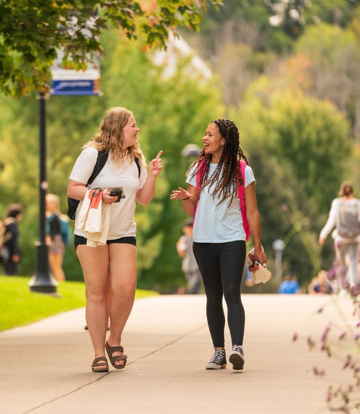 students walking on mall, spring, purple flowers