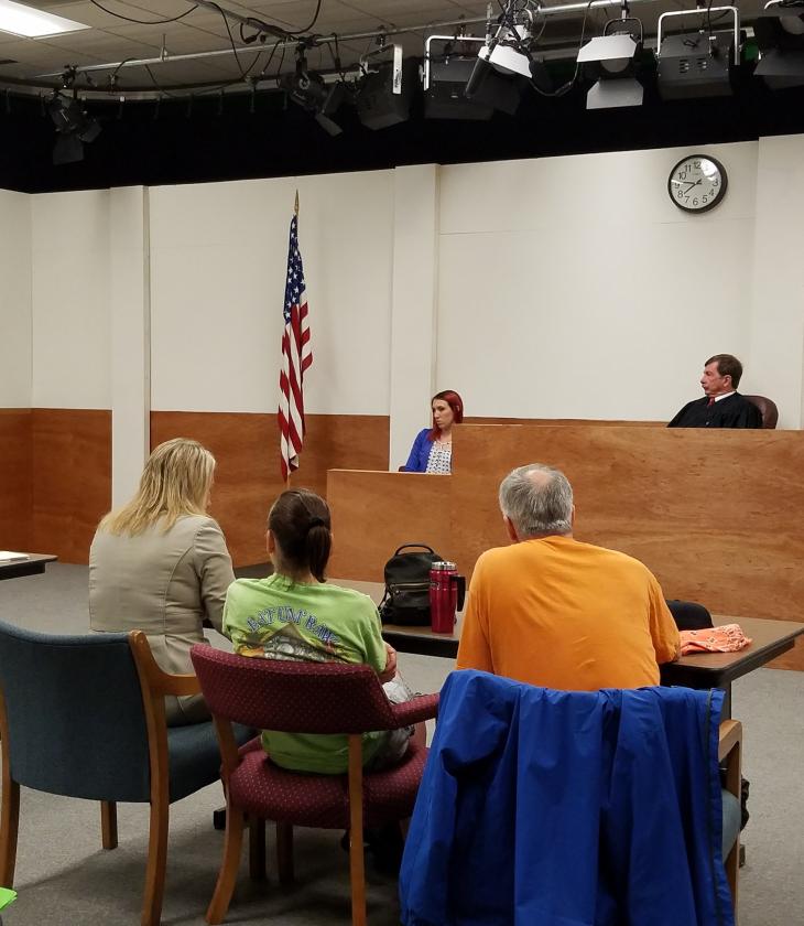 A judge and witness on the stand in a court room setting