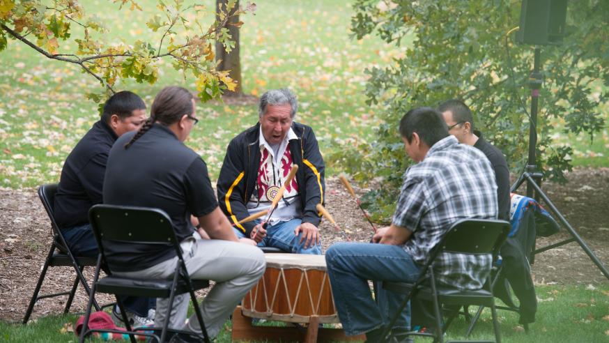 Ojibwe drum circle at Indigenous Peoples Day event