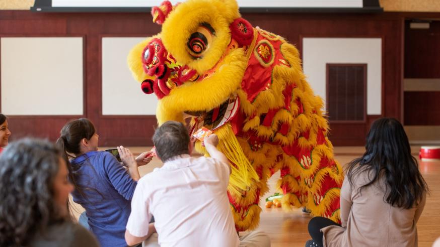Students in Davies Center for Lion Dance Chinese culture presentation