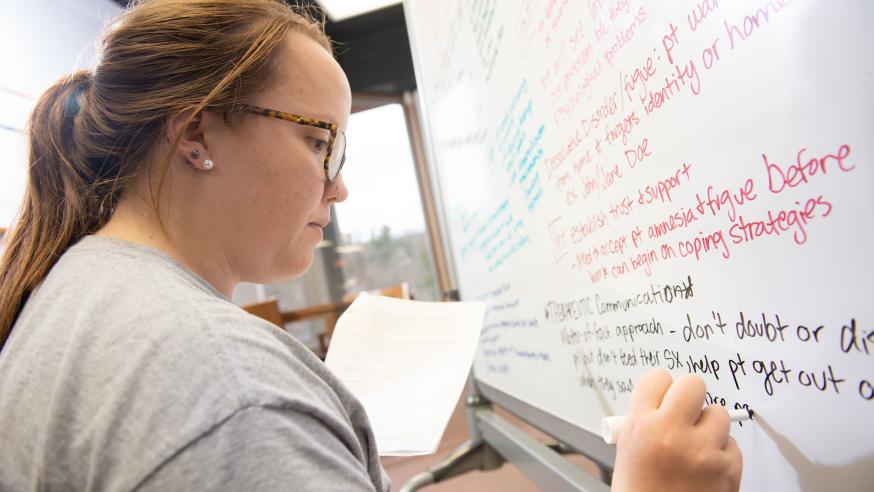 Nursing student in finals week whiteboarding 