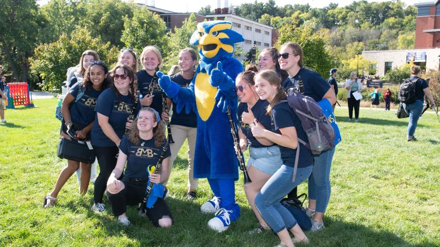 Blu and students at campus event