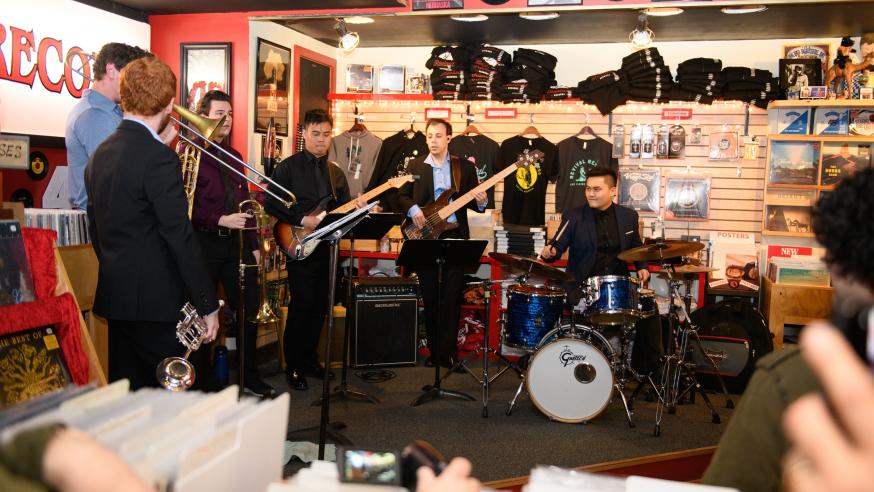 Music group playingin Revival Records for Jazz Fest 2022