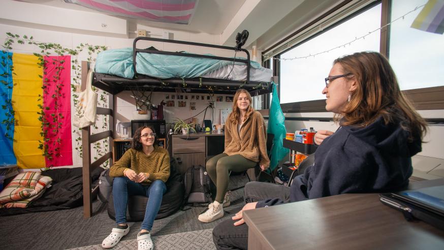 Students sitting and talking in a residence hall room.