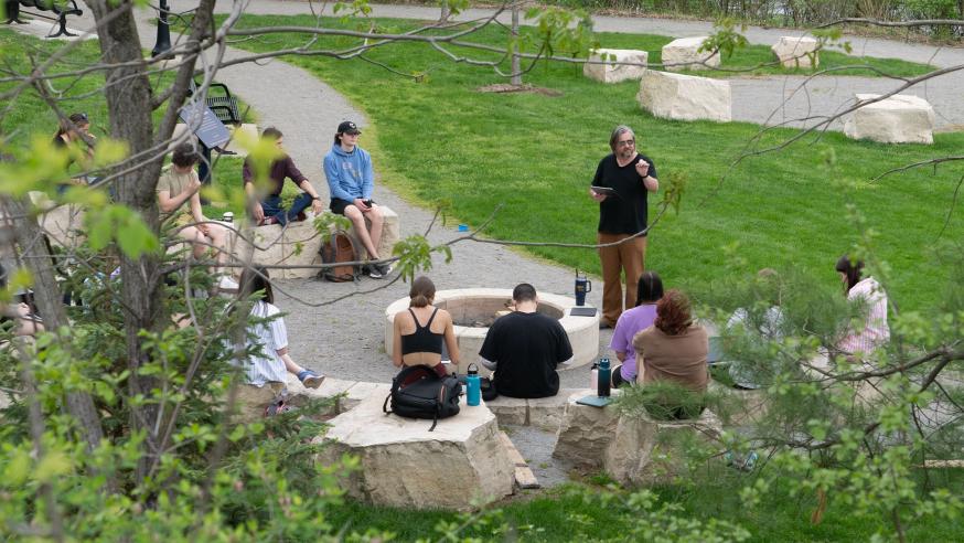 students outside for political science class