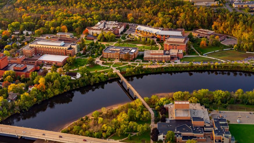 campus aerial in fall colors starting 