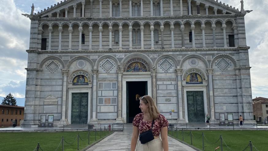student in front of Italian church summer 2023