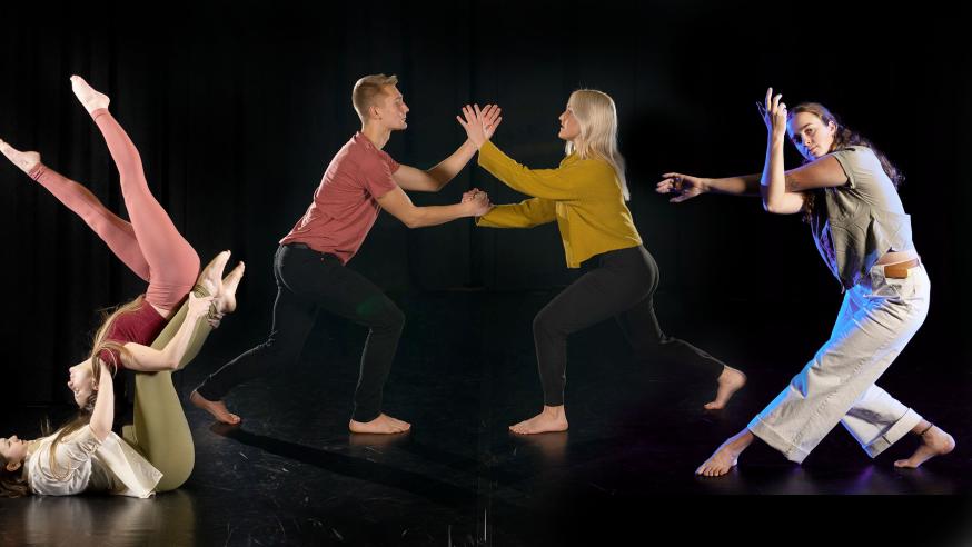 Five dancers pose with one another on stage in dance attire