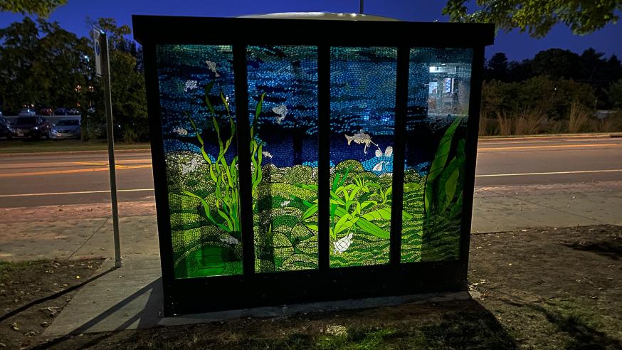 new bus stop art at night