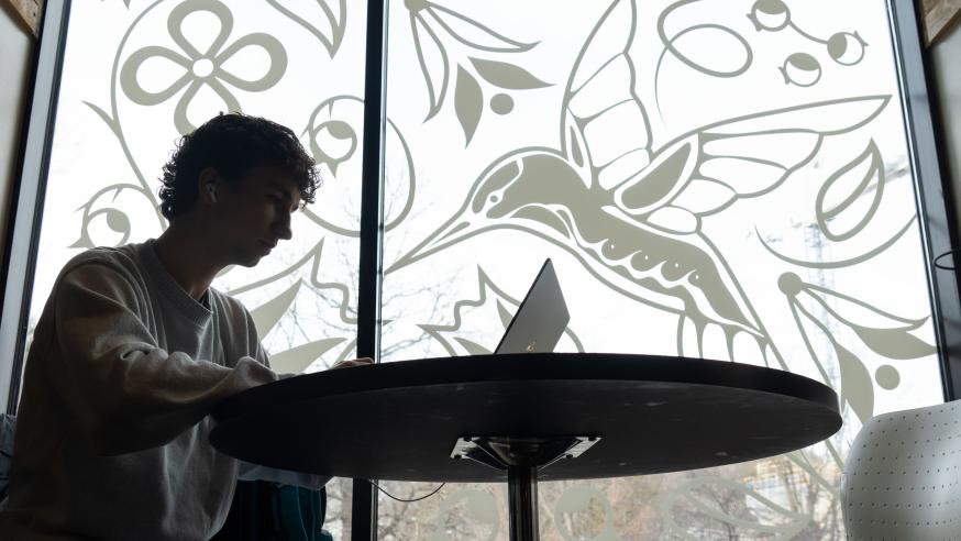 student studying at a window table in Davies