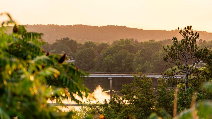 Drone shot of campus and bridge