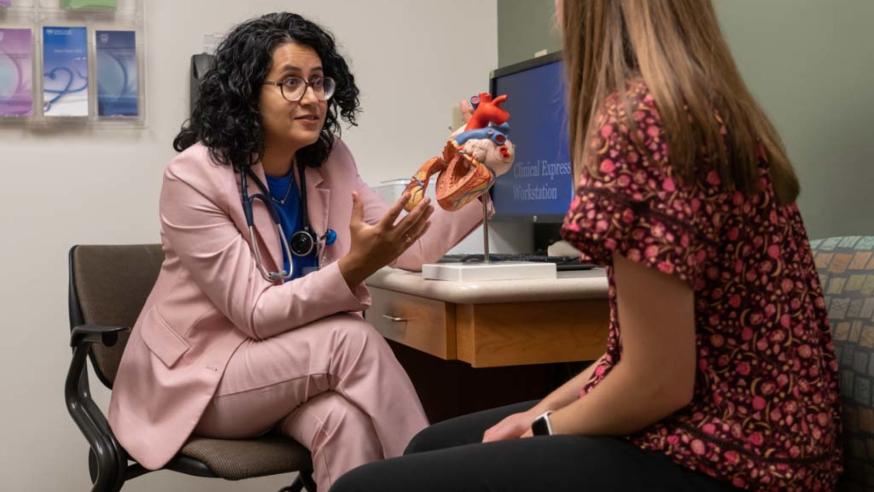 Mayo clinician and a student looking at a model heart in an office 