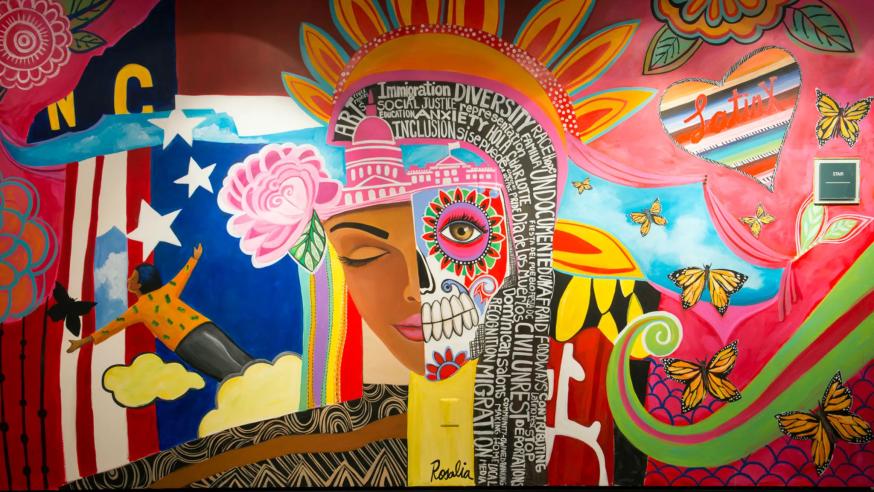 Gateways mural by Rosalia Torres-Weiner of Red Calaca Studio. This mural was shown at the Smithsonian Anacostia Community Museum in Washington DC from December 2017 to January 2018.