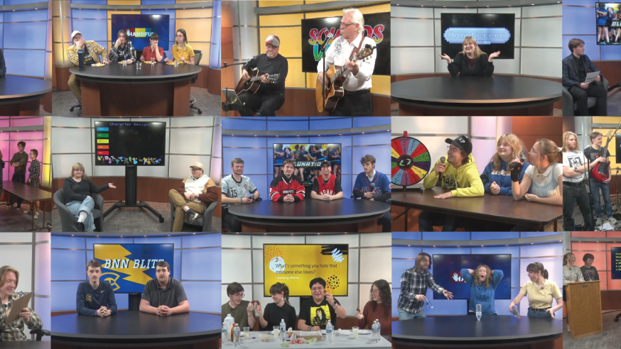 A collage of photos featuring students having fun running TV shows.