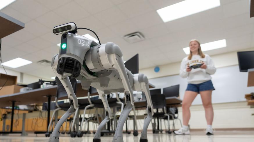 Close-up of a robotic dog as a person controls it using a remote in the background