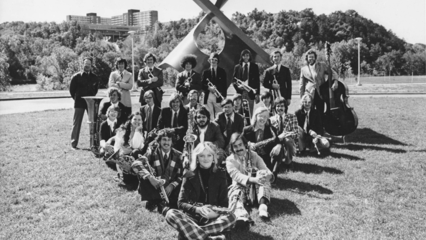 1975 Jazz Ensemble photo outside Haas