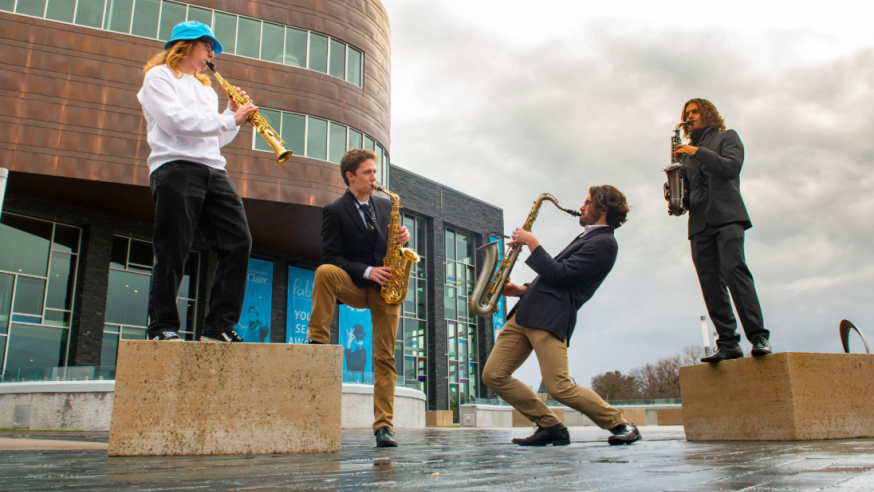 Saxophone quartet outside of Pablo Center during Jazz Fest