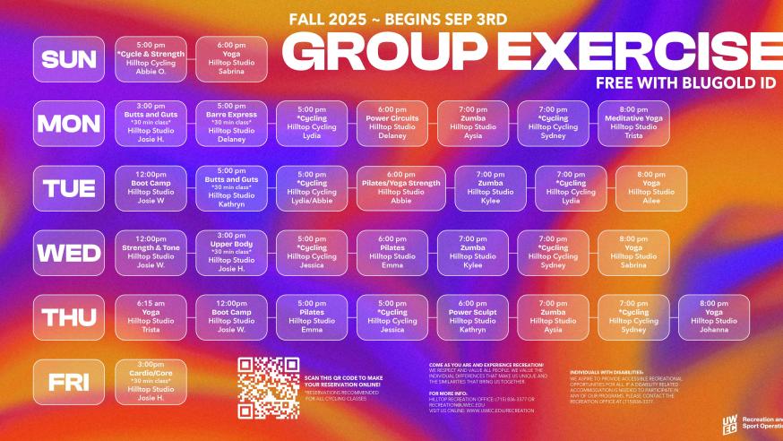 Retro wave pattern of purple and oranges. Displays group ex schedule in table like pattern, cycling reservations QR code at bottom.