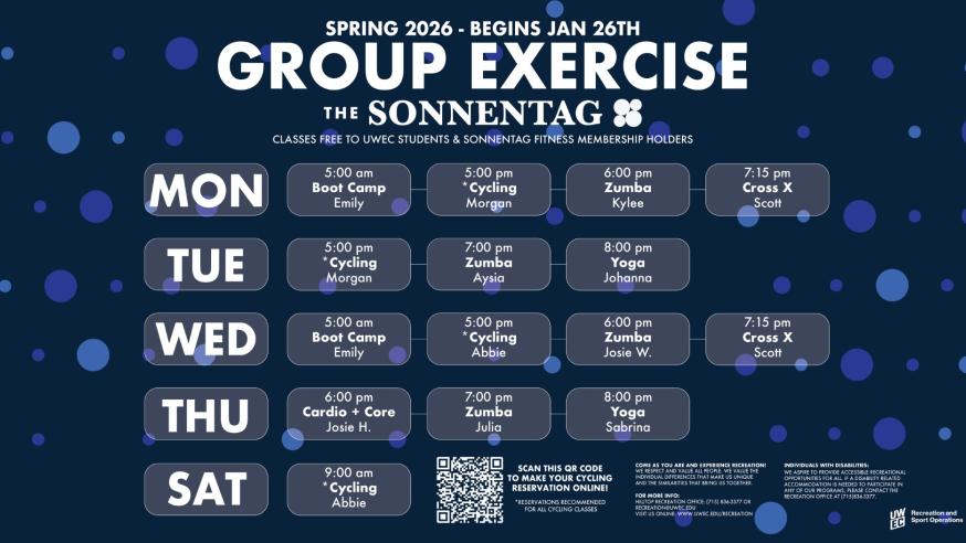 Sonnentag group exercise schedule displayed in a table with a blue background and blue polka dots