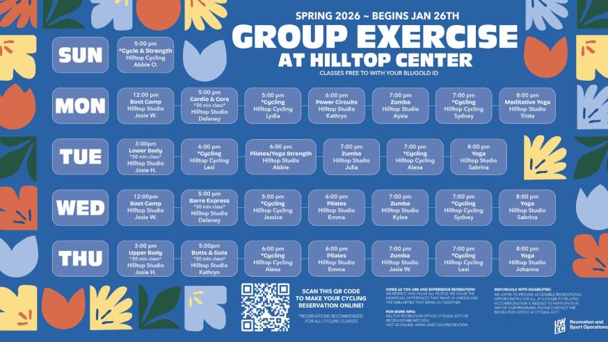 Sunday through Thursday grid format with exercise classes. Spring flower icons on blue background.