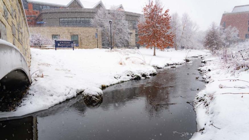Snowy winter day with UW-Eau Claire's Davies Center in the background