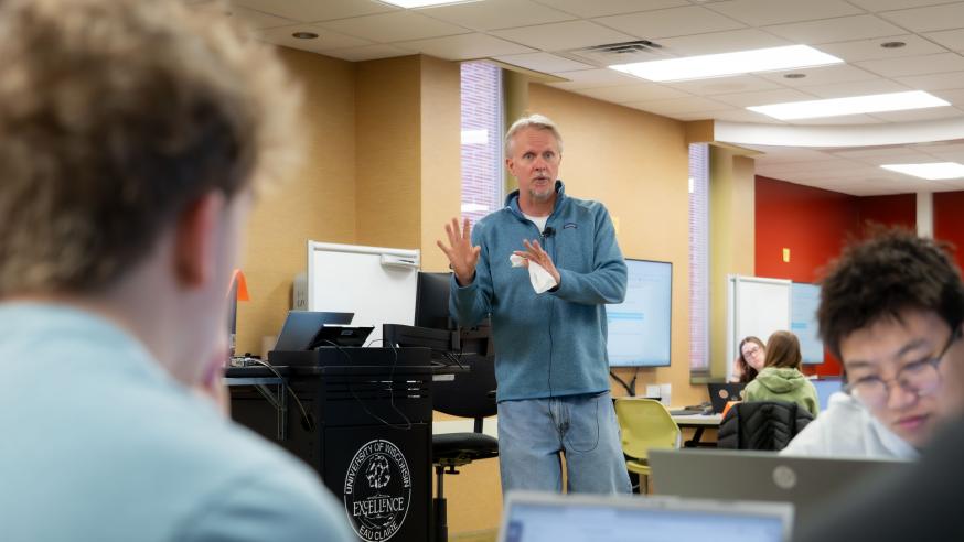 Evan Sveum in classroom in COB 