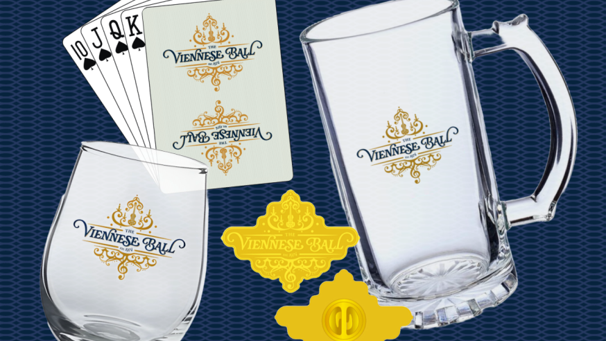 Viennese Ball merch collage including stemless wine glass, beer mug, playing cards, and enamel pins with the Viennese Ball logo design
