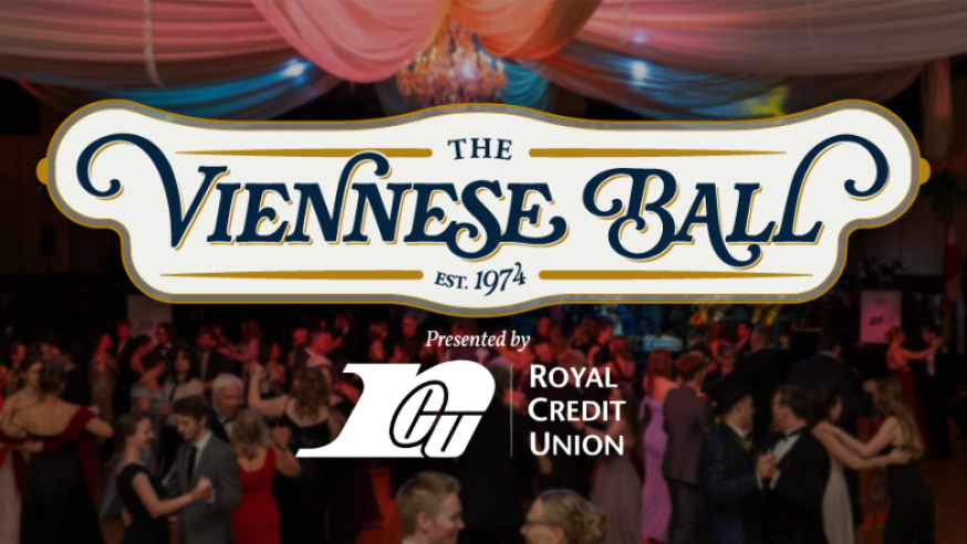 Viennese Ball navy and gold logo with the presented sponsors', Royal Credit Union, white logo