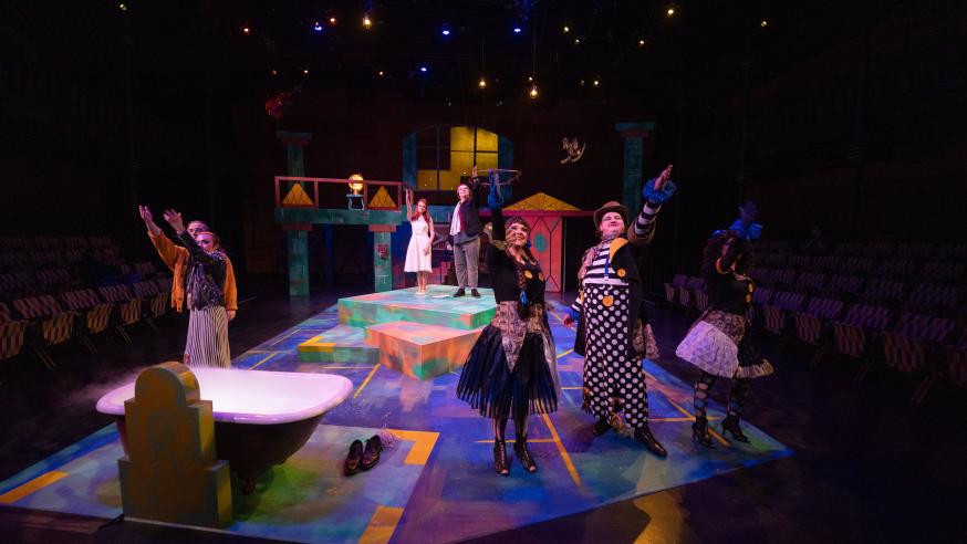 Eurydice production in Jamf theatre, group cast scene 