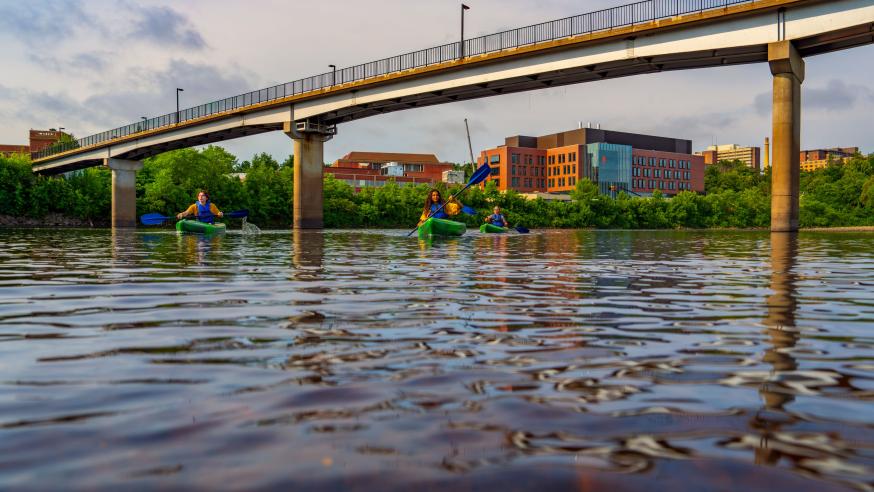 Science building from river bank 