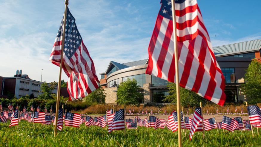 American flags campus mall